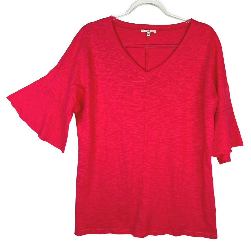 Joh Women Red Slub Knit V-Neck Bell Sleeve Cotton‎ T-Shirt Top K7208 Size Medium